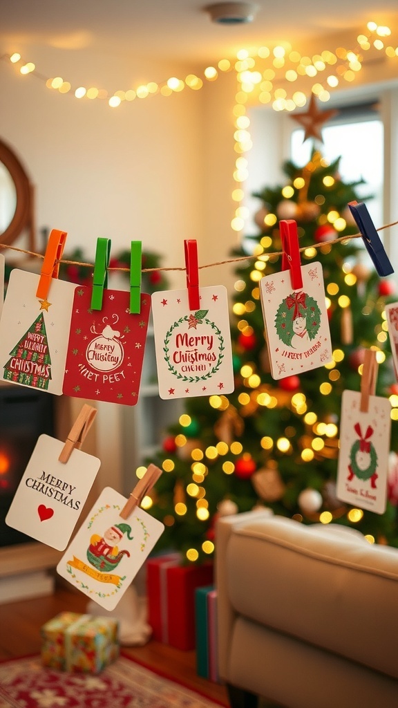 A colorful Christmas card display on twine with clothespins in a cozy living room.